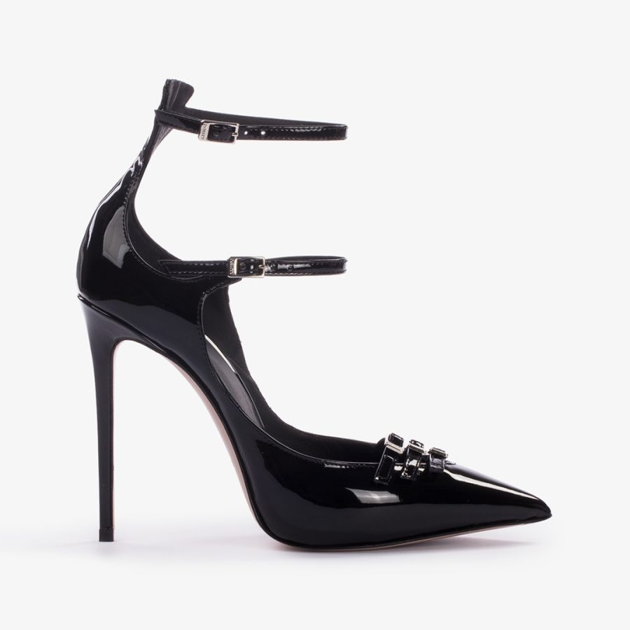 MORGANA PUMP 120 mm-Black patent leather pump with straps