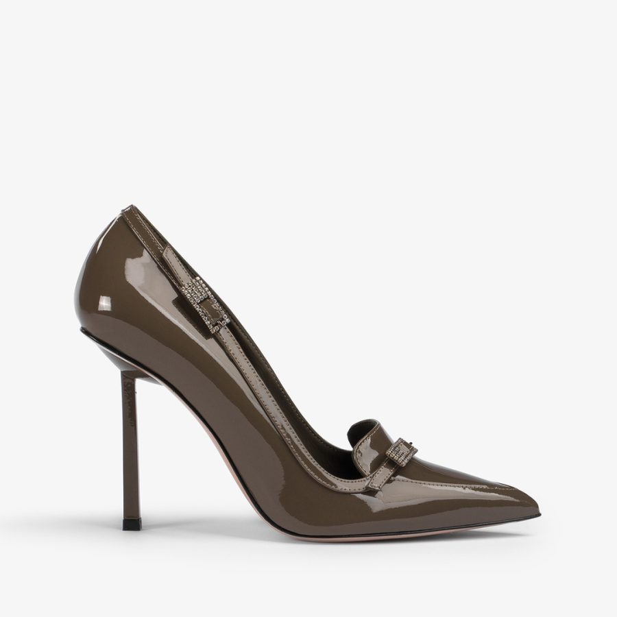 MORGANA PUMP 100 mm-Khaki green patent leather loafer pump