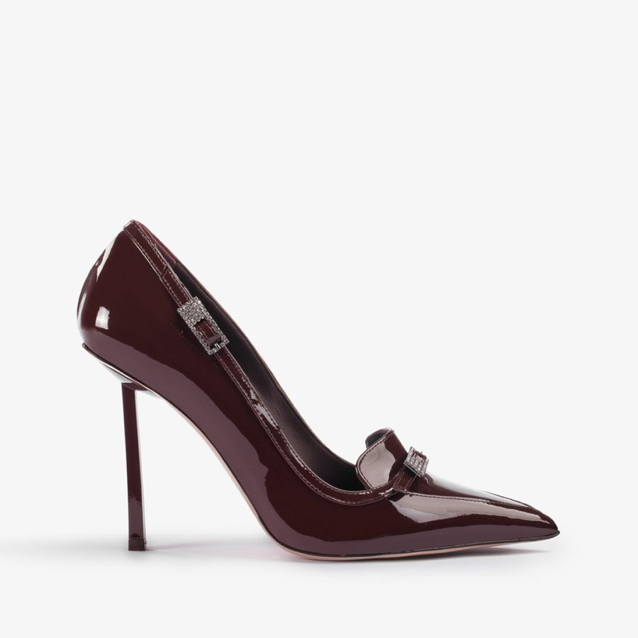 MORGANA PUMP 100 mm-Dark chocolate brown patent leather loafer pump