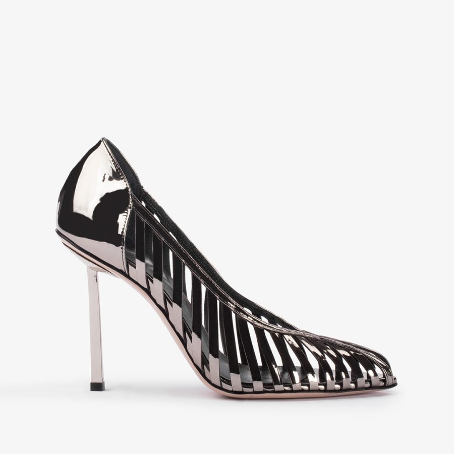 CAGE PUMP 100 mm-Pewter metallic pump with straps