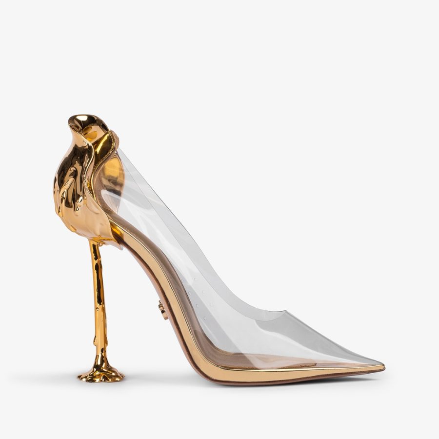 ANTHEA PUMP 120 mm-Transparent plexy Petalo pump with gold heel