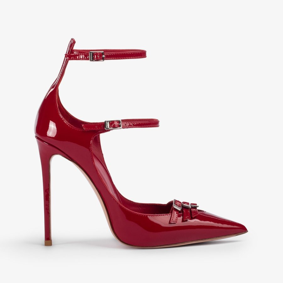 MORGANA PUMP 120 mm-Red patent leather pump with straps