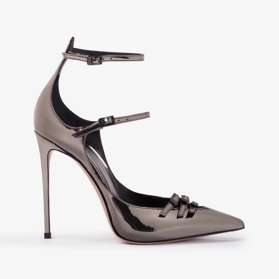 MORGANA PUMP 120 mm-Pewter metallic pump with straps