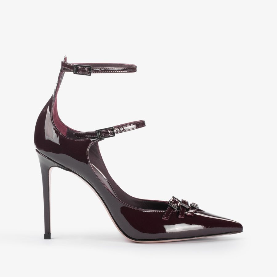 MORGANA PUMP 100 mm-Cherry red patent leather pump with straps