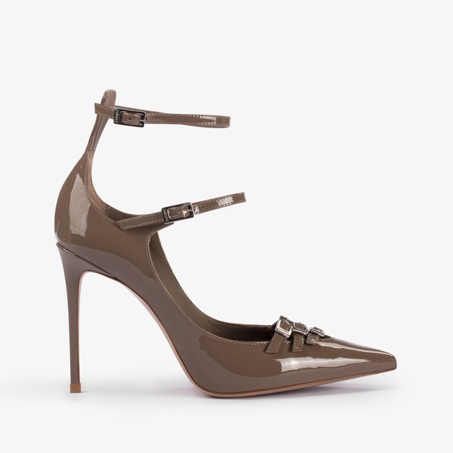 MORGANA PUMP 100 mm-Sesame grey patent leather pump with straps