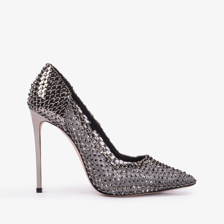 GILDA PUMP 120 mm-Pewter fishnet pump with Crystals