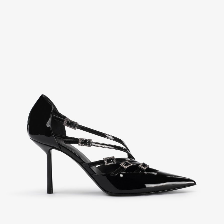 SCARLET PUMP 80 mm-Black patent leather pump with straps