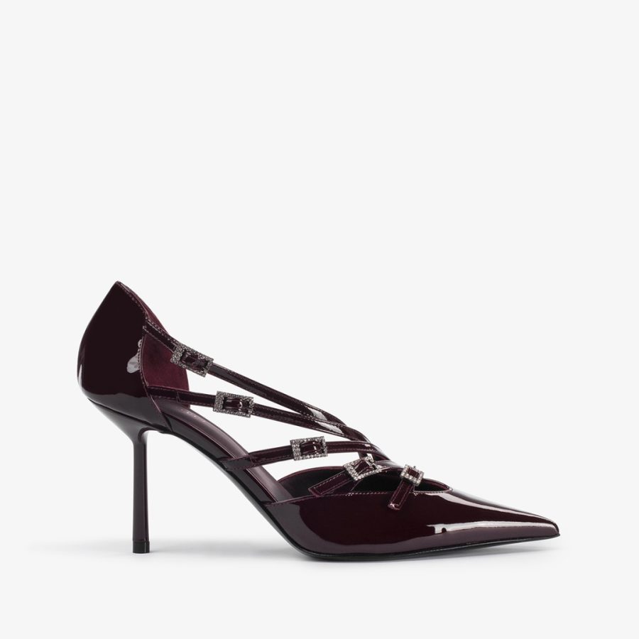 SCARLET PUMP 80 mm-Cherry red patent leather pump with straps