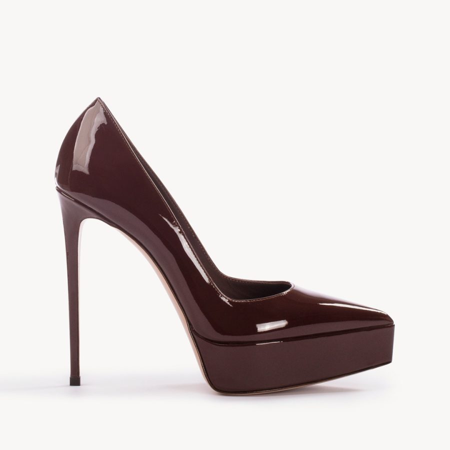 UMA PUMP 140 mm-Dark chocolate brown patent leather platform pump