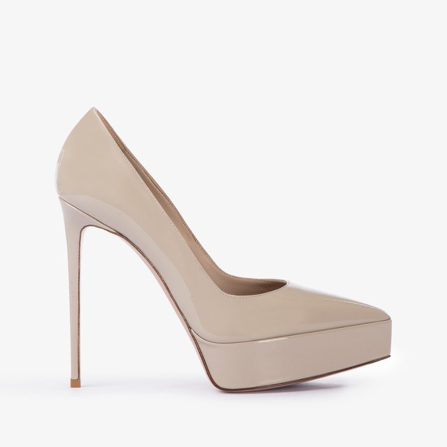 UMA PUMP 140 mm-Tower beige patent leather platform slingback