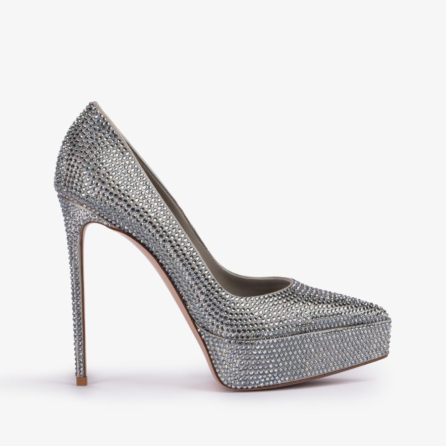 UMA PUMP 140 mm-Silver satin platform pump and Crysrtals