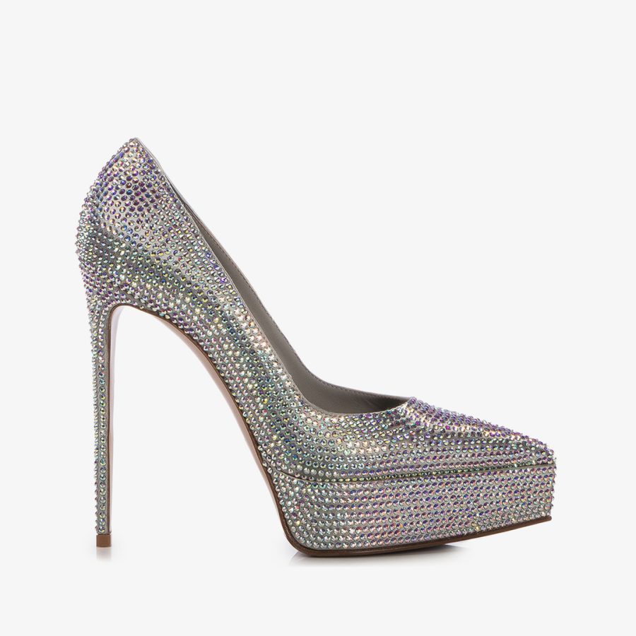 UMA PUMP 140 mm-Silver satin and Crystals platform pump