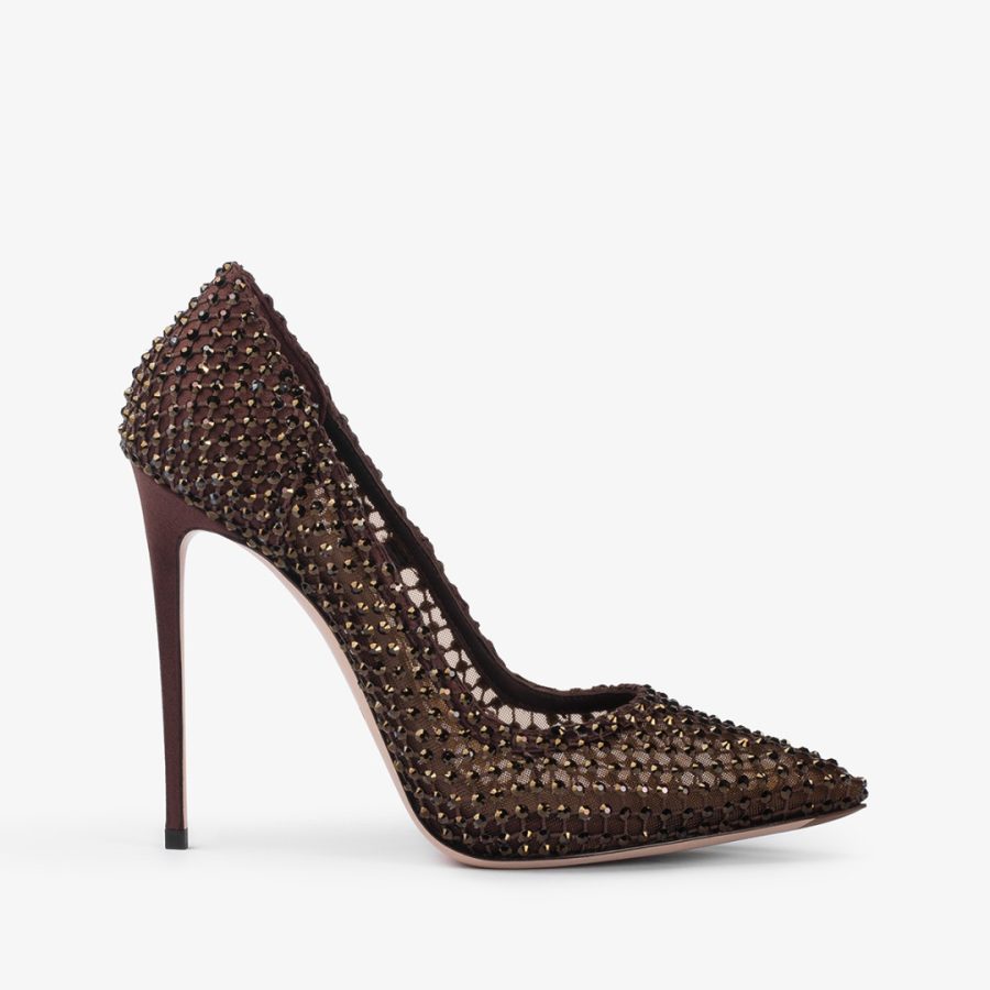 GILDA PUMP 120 mm-Dark chocolate brown fishnet pump with Crystals