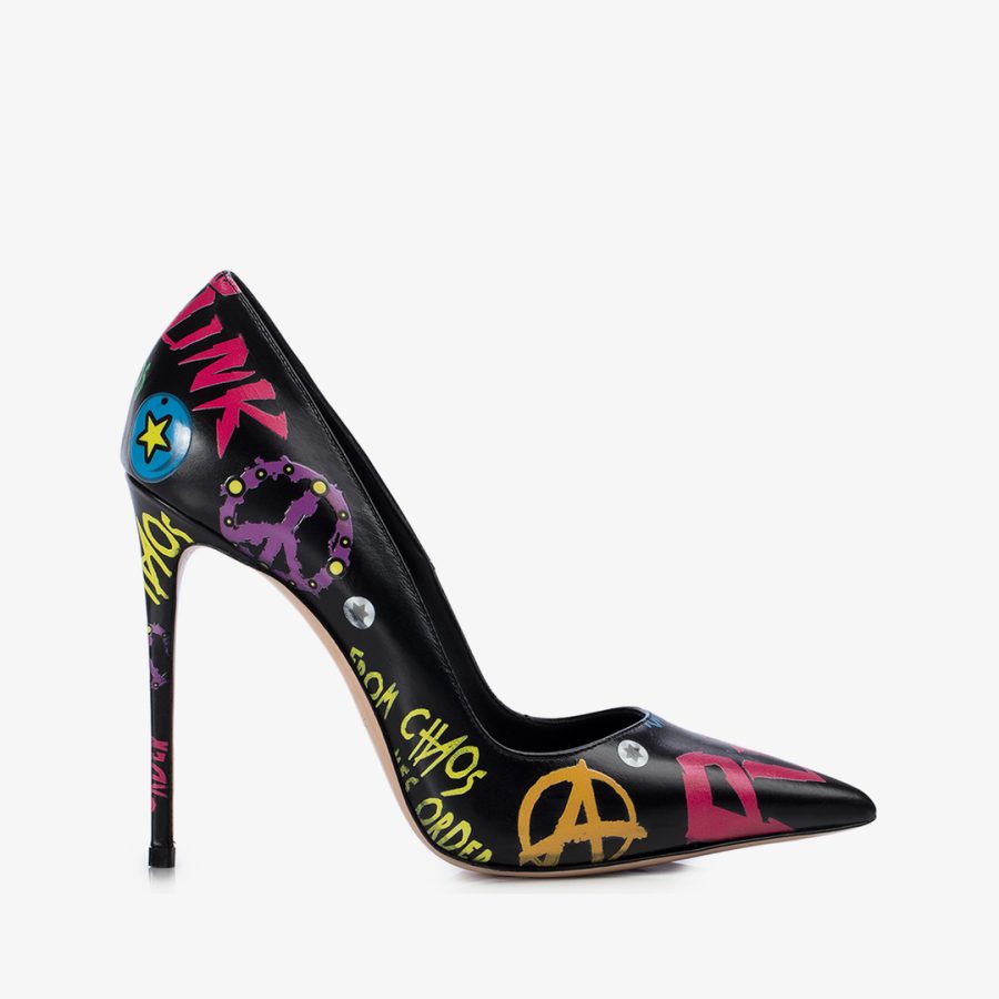 PUNK PUMP 120 mm-Black leather pump with fuchsia prints