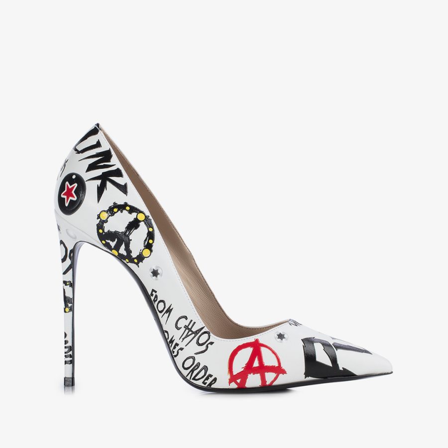 PUNK PUMP 120 mm-White leather pump with black prints