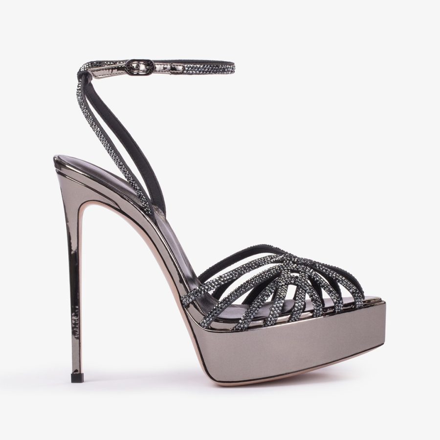 EMBRACE SANDAL 140 mm-Pewter metallic platform sandal with Crystals