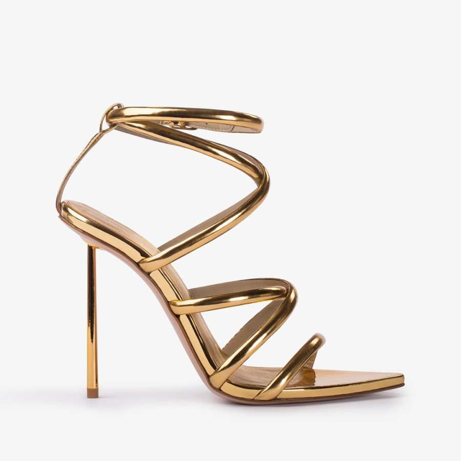 BELLA SANDAL 120 mm-Nugget gold metallic sandal with crossed straps