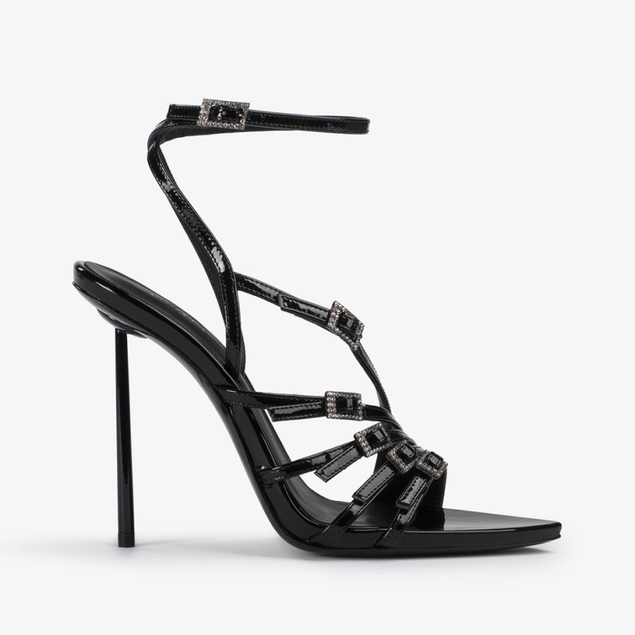 SCARLET SANDAL 120 mm-Black patent leather sandal with Crystals