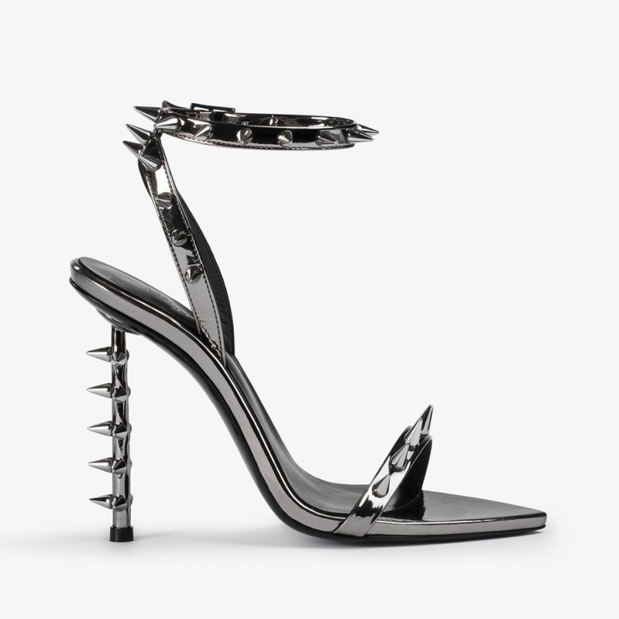 JAGGER SANDAL 120 mm-Pewter metallic studded sandal