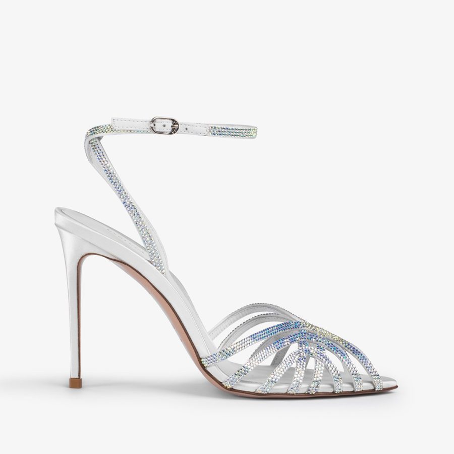 EMBRACE SANDAL 110 mm-Paper white satin sandal with Crystals