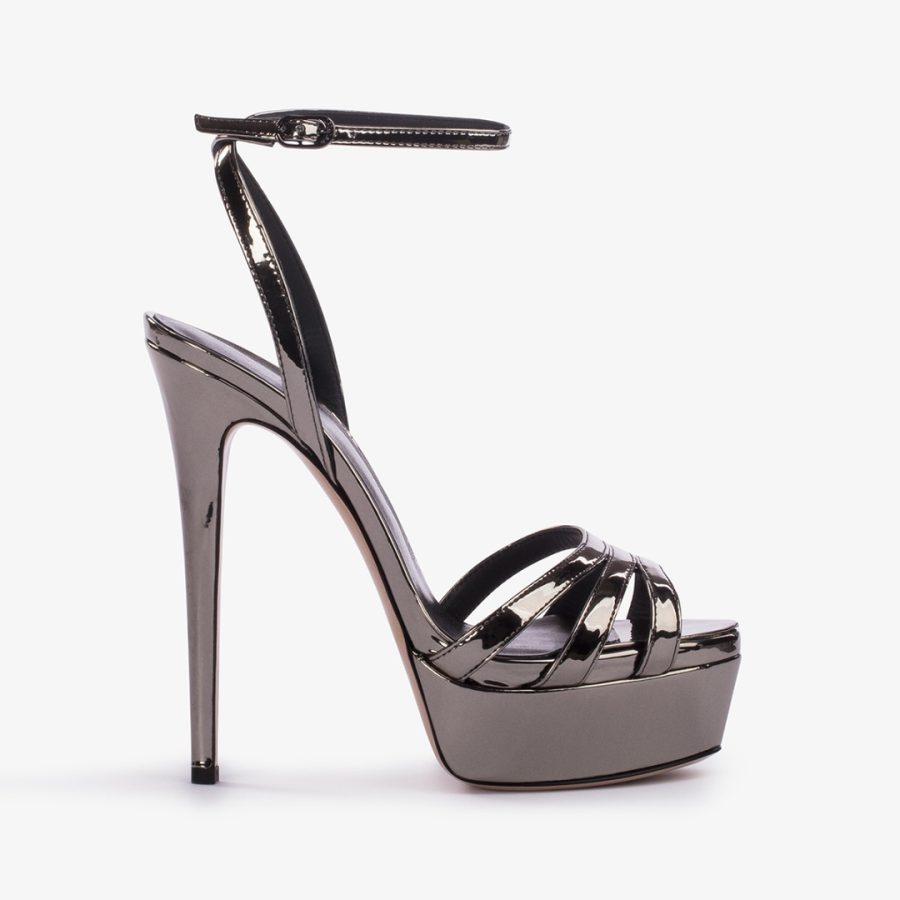 LOLA SANDAL 140 mm-Pewter metallic platform sandal