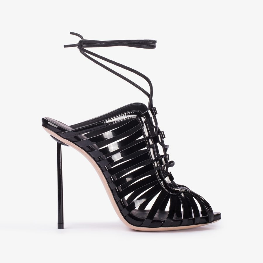 CAGE SANDAL 120 mm-Black patent leather gladiator sandal with straps