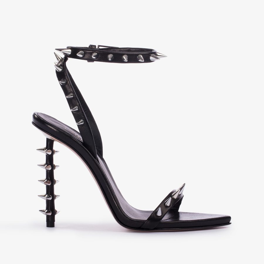 JAGGER SANDAL 120 mm-Black leather sandal with silver studs