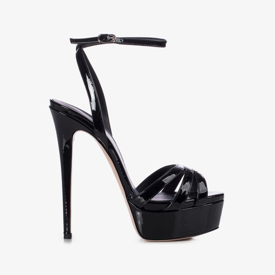 LOLA SANDAL 140 mm-Black patent leather sandal