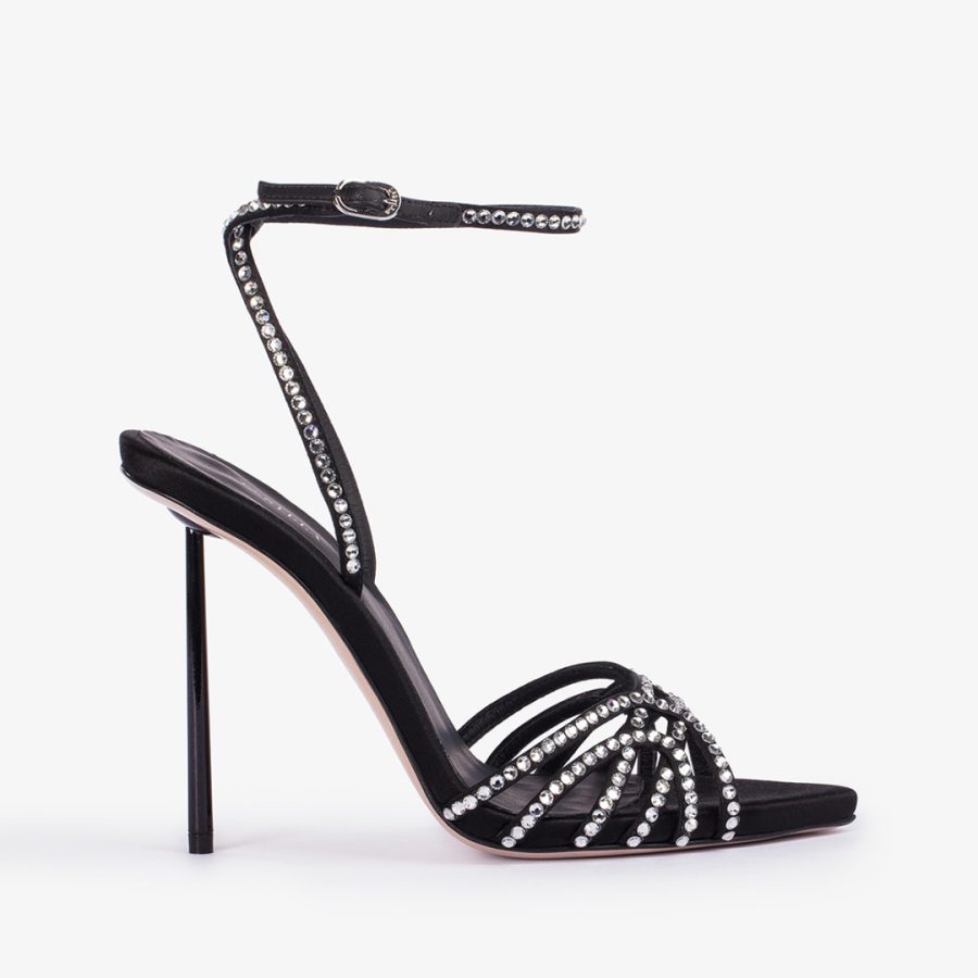 BELLA SANDAL 120 mm-Black satin and silver Crystals sandal