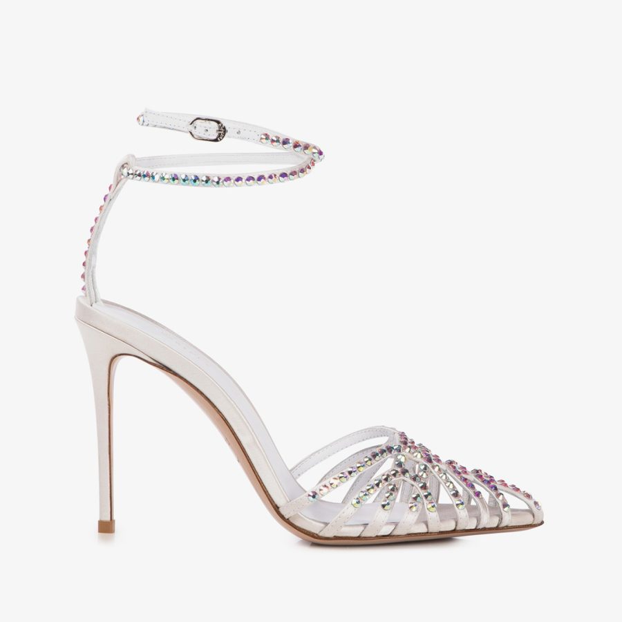 AFRODITE SANDAL 105 mm-White satin and Crystals sandal