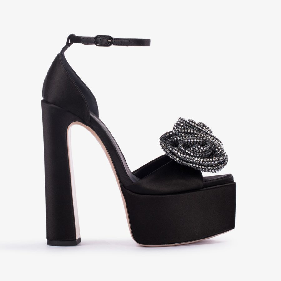 NINA SANDAL 170 mm-Black satin and silver Crystals platform sandal