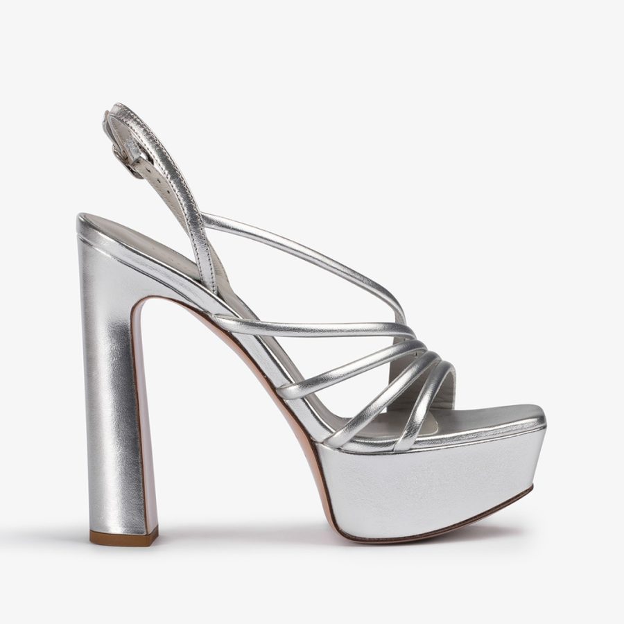 SCARLET SANDAL 140 mm-Silver laminated leather platform sandal