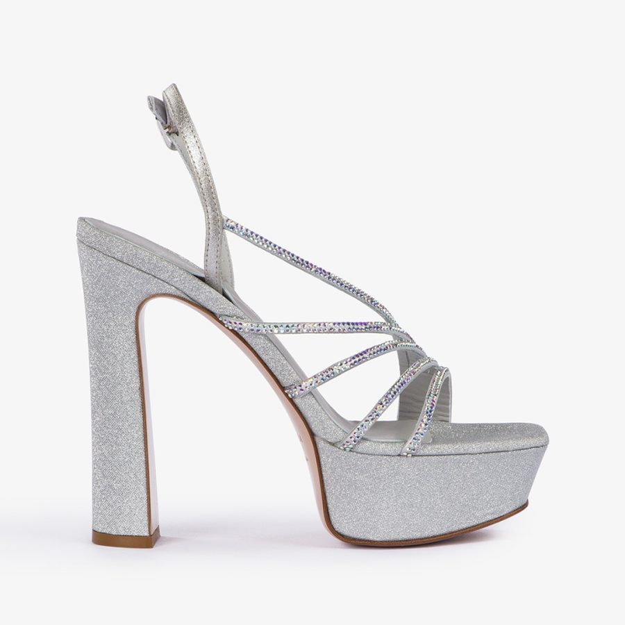 SCARLET SANDAL 140 mm-Silver glittered fabric platform sandal