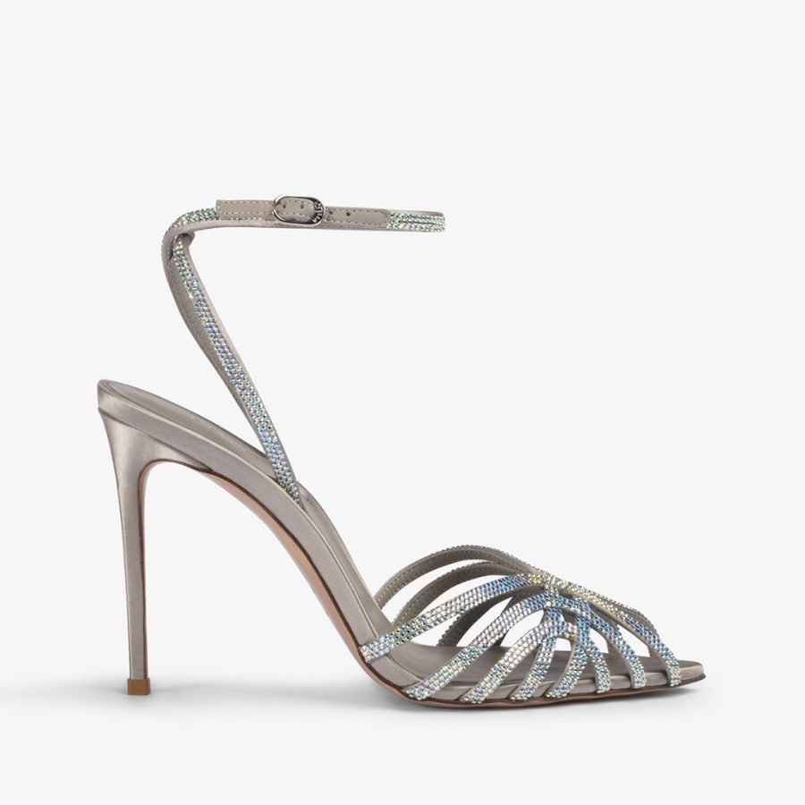 EMBRACE SANDAL 110 mm-Silver satin sandal with Crystals