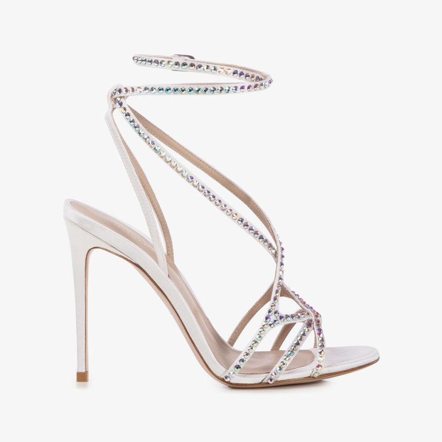 BELEN SANDAL 105 mm-Paper white satin and Crystals sandal