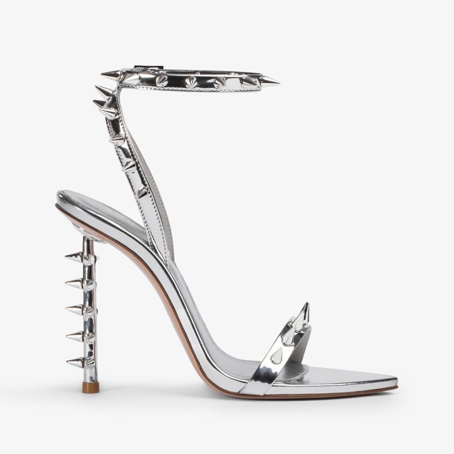 JAGGER SANDAL 120 mm-Silver metallic studded mule sandal