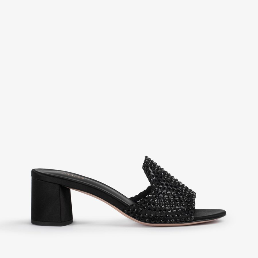 GILDA SANDAL 60 mm-Jet black fishnet mule sandal with Crystals