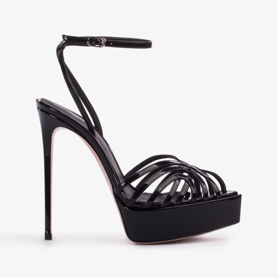 EMBRACE SANDAL 140 mm-Black patent leather platform sandal