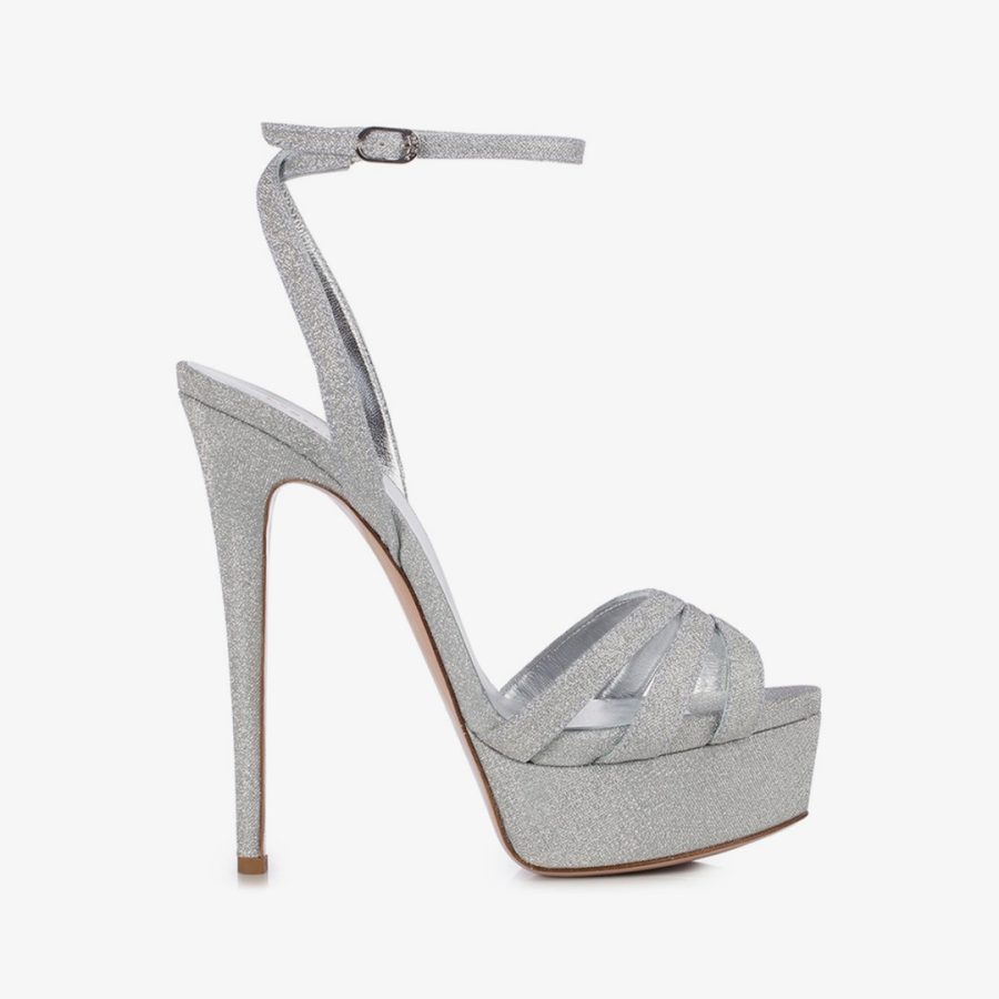 LOLA SANDAL 140 mm-Silver glittered fabric platform sandal