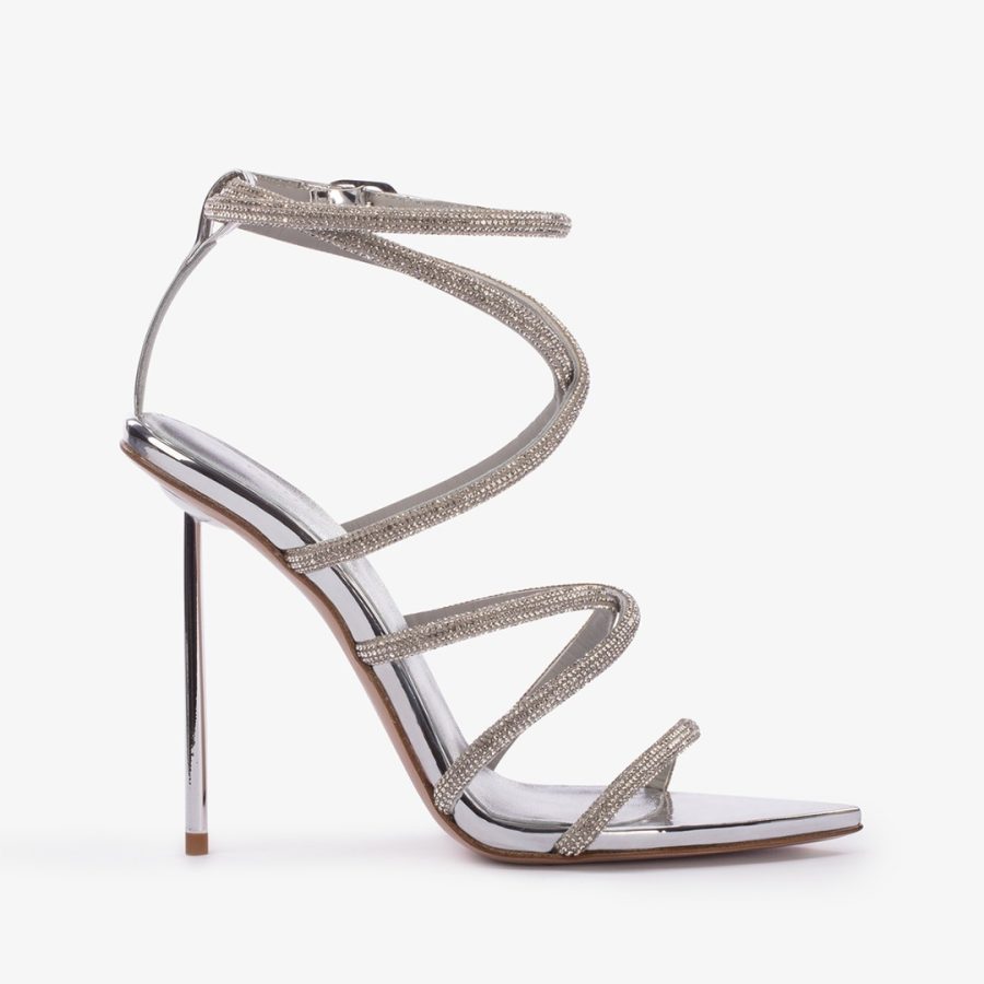 BELLA SANDAL 120 mm-Silver Crystal pavé effect sandal with crossed straps