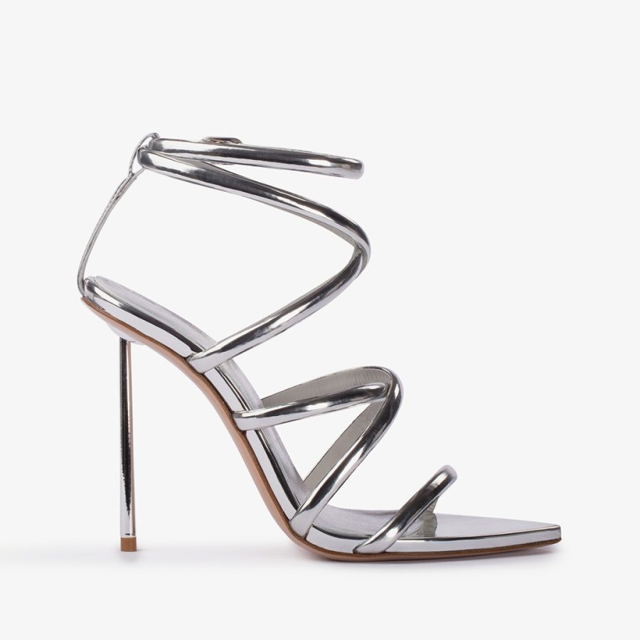 BELLA SANDAL 120 mm-Silver metallic sandal with crossed straps