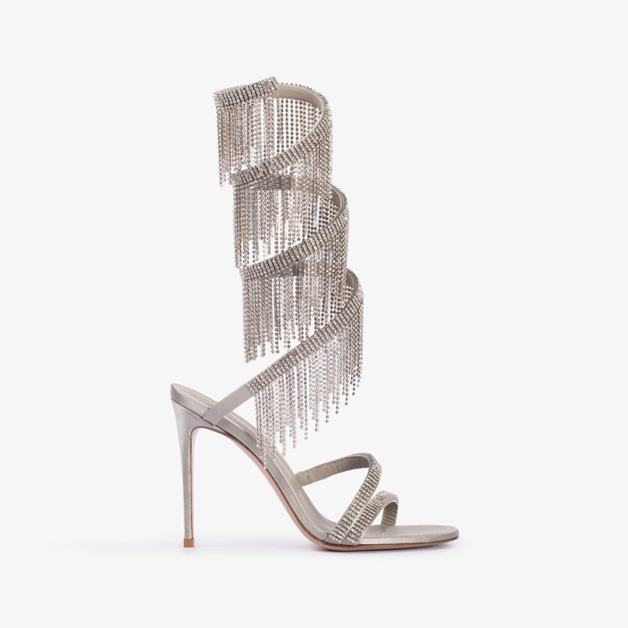 JEWELS SANDAL 110 mm-Silver satin sandal with silver fringes