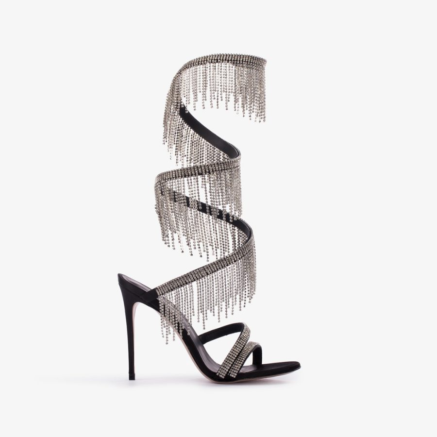 JEWELS SANDAL 110 mm-Black satin sandal with silver fringes