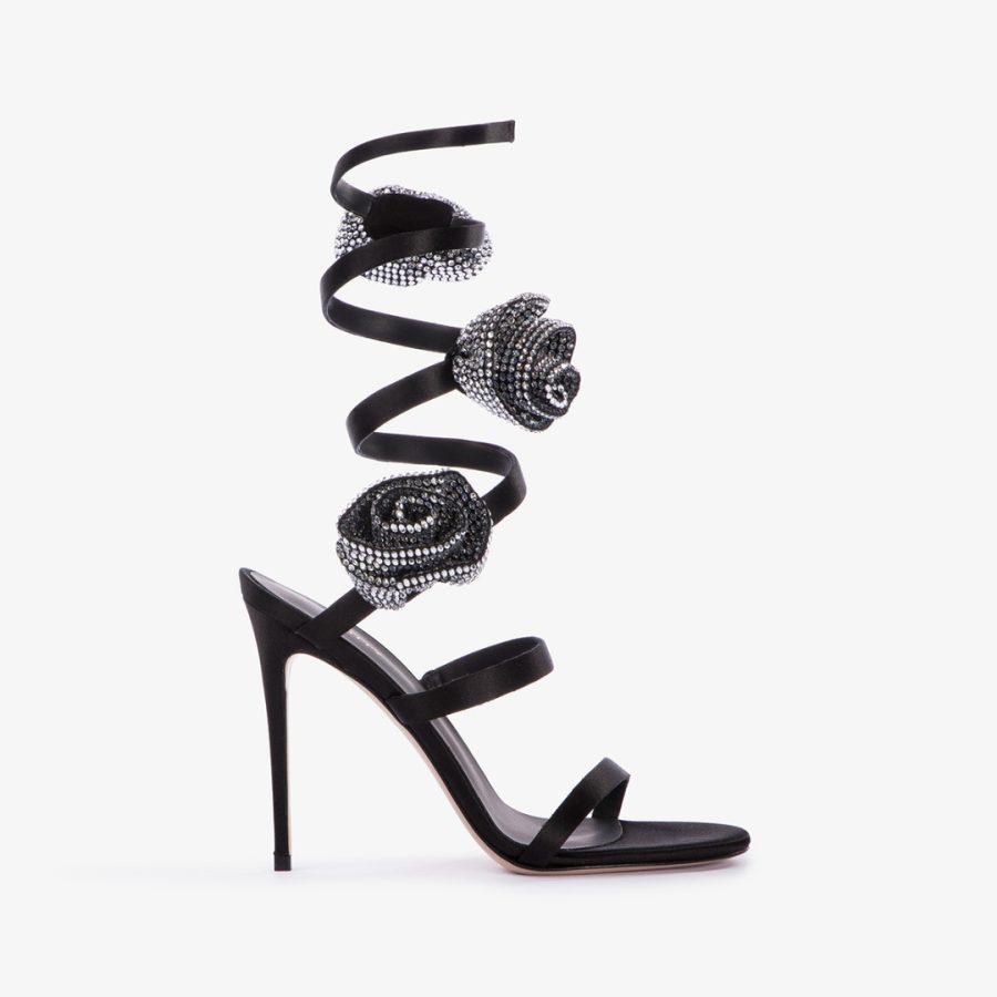 ROSE SANDAL 110 mm-Black satin sandal with silver Crystal-embellished roses