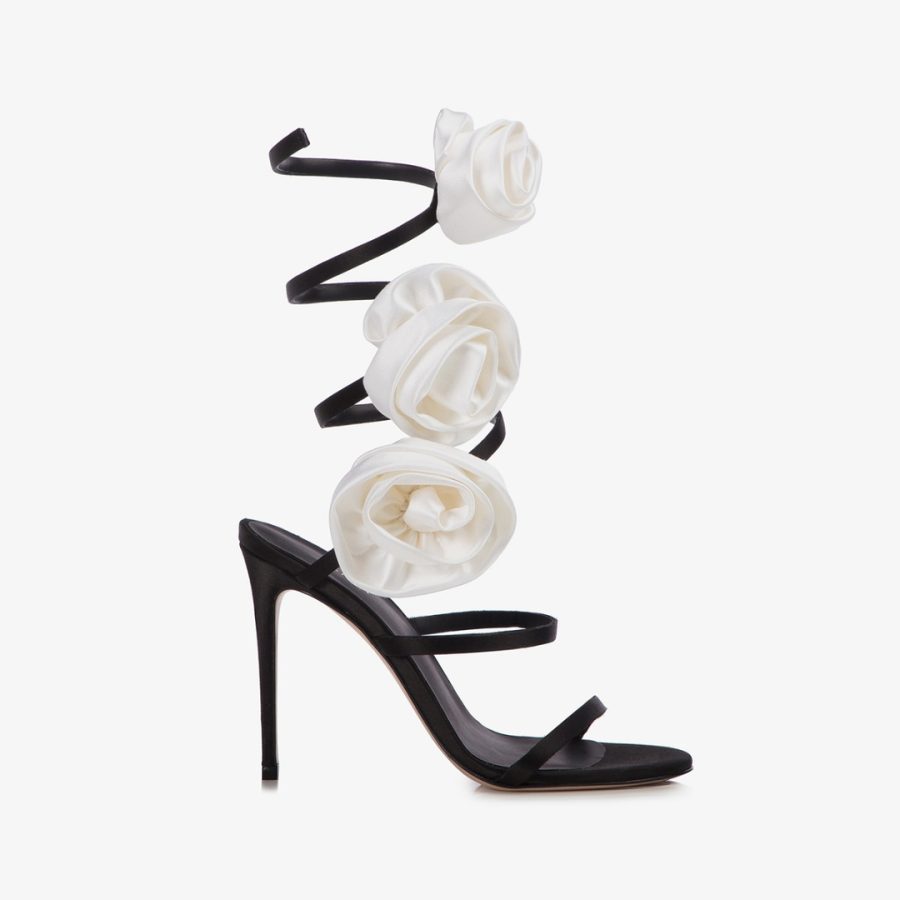 ROSE SANDAL 110 mm-Black satin sandal with white roses