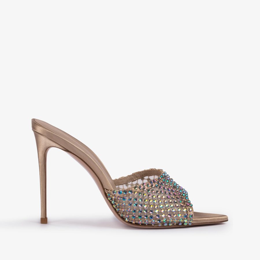 GILDA SANDAL 110 mm-Gold fishnet mule sandal with iridescent Crystals