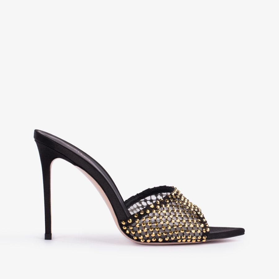 GILDA SANDAL 110 mm-Black fishnet sandal with gold Crystals