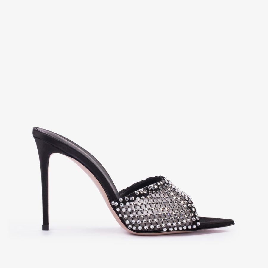 GILDA SANDAL 110 mm-Black fishnet sandal with silver Crystals