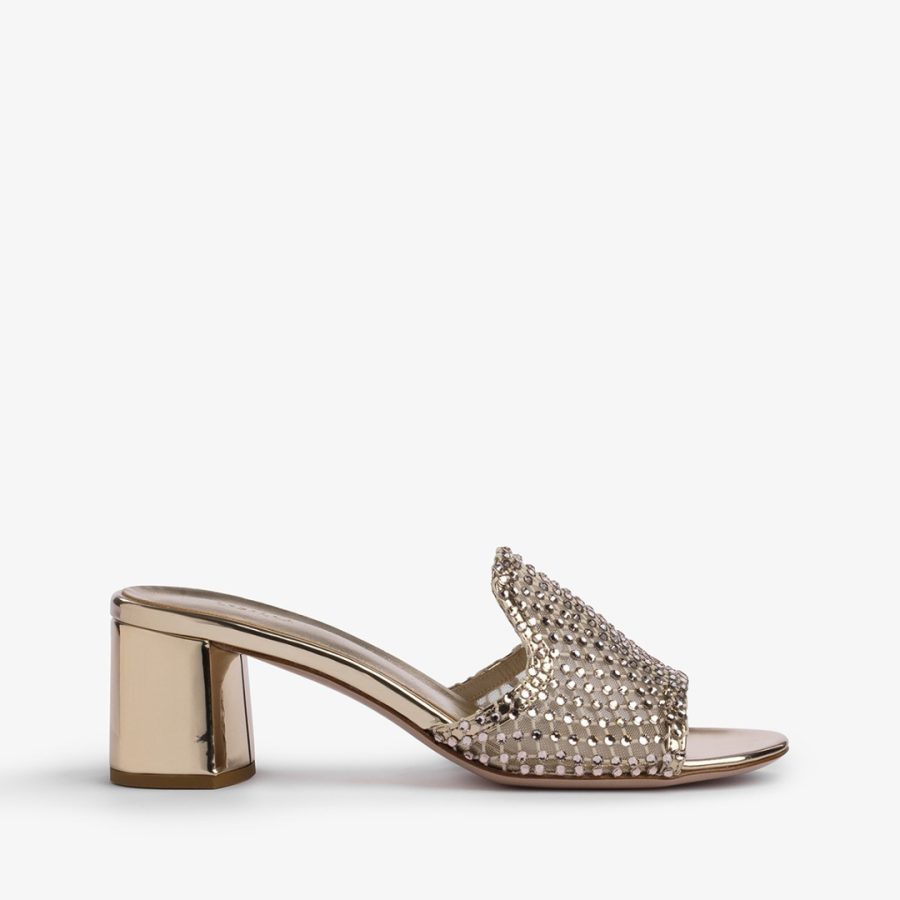 GILDA SANDAL 60 mm-Platinum fishnet mule sandal with Crystals