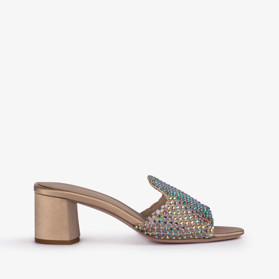 GILDA SANDAL 60 mm-Gold fishnet mule sandal with iridescent Crystals